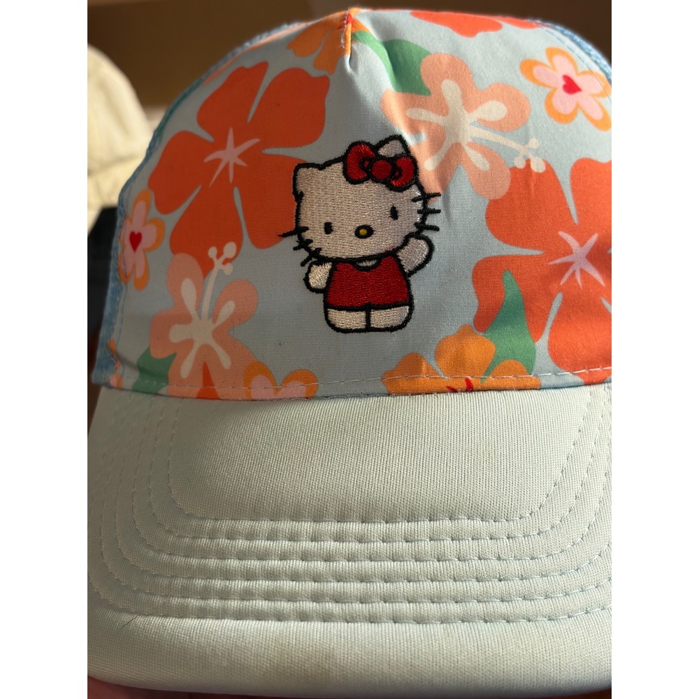 Hello Kitty Sanrio Trucker Hat Tropical Hibiscus Floral Blue Mesh Snapback Cap